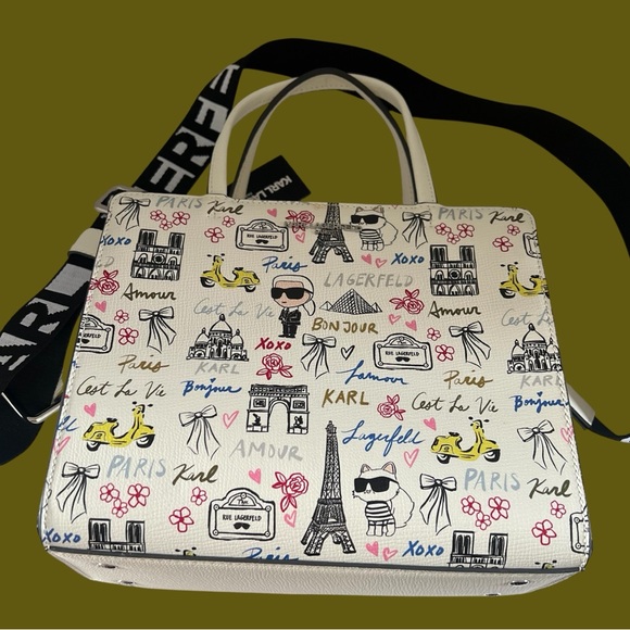 Karl Lagerfeld White Graphic Print Handbag with Logo Strap - Picture 4 of 16